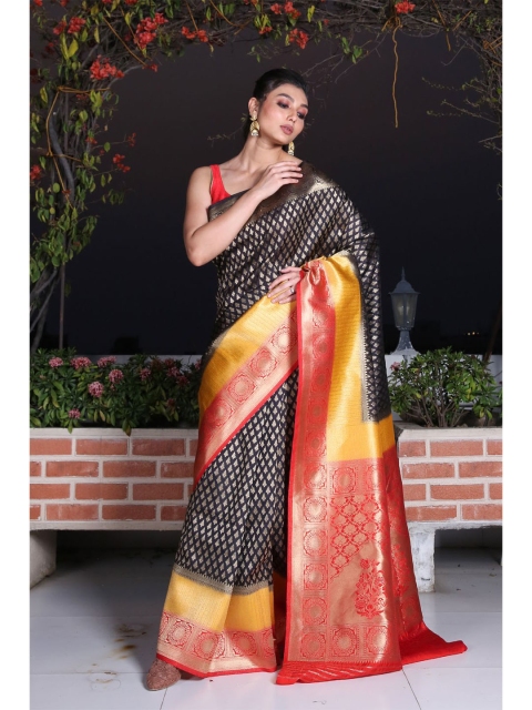 

Charukriti Black & Red Woven Design Brocade Silk Saree