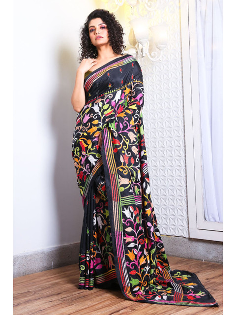 

Charukriti Black & Pink Floral Embroidered Satin Saree