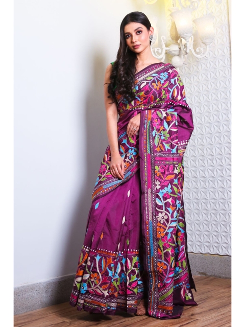 

Charukriti Purple & Blue Woven Design Satin Saree