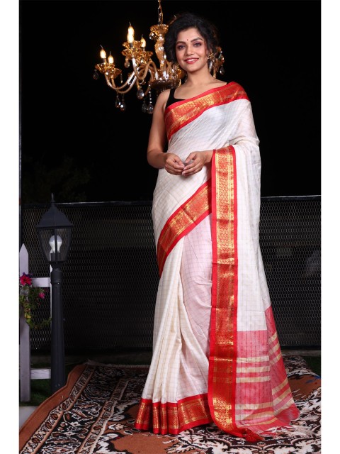 

Charukriti White & Red Checked Woven Design Silk Blend Saree