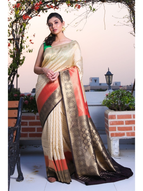 

Charukriti Cream-Coloured & Red Woven Design Zari Brocade Silk Saree