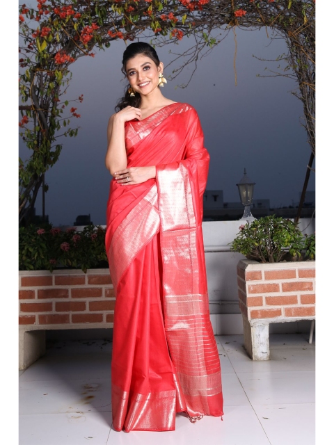 

Charukriti Red & Silver-Toned Woven Design Saree