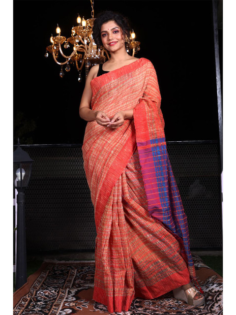 

Charukriti Beige & Red Striped Pure Cotton Saree