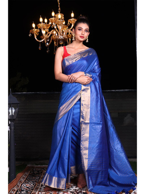 

Charukriti Blue & Gold-Toned Woven Design Zari Silk Blend Saree