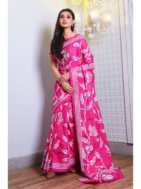 

Charukriti Pink & White Floral Kantha Work Satin Saree