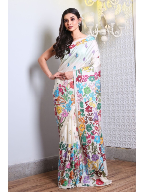 

Charukriti White & Green Floral Satin Saree
