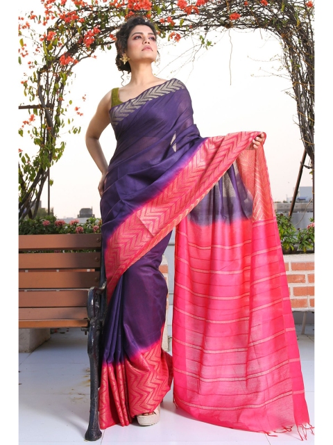 

Charukriti Blue & Pink Woven Design Zari Silk Blend Saree