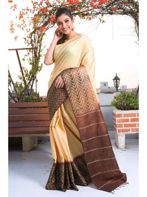 

Charukriti Cream-Coloured & Brown Silk Blend Saree