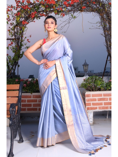 

Charukriti Blue & Gold-Toned Zari Saree