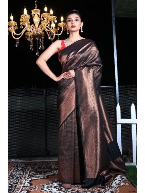 

Charukriti Copper-Toned & Black Woven Design Zari Brocade Saree