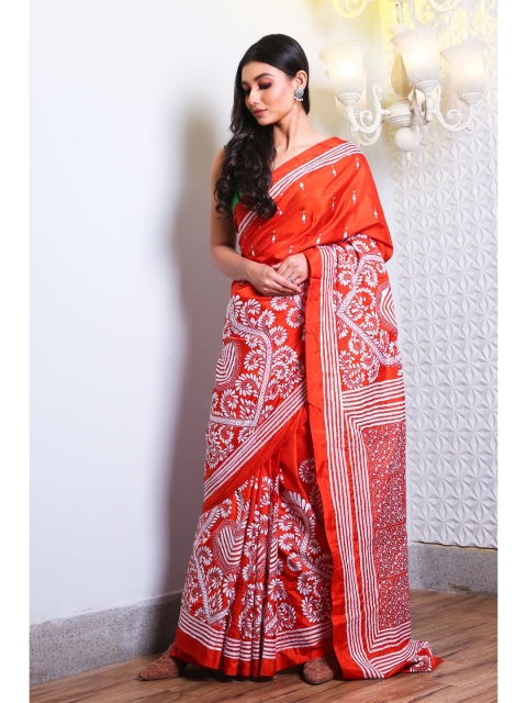 

Charukriti Red & White Ethnic Motifs Kantha Work Satin Saree