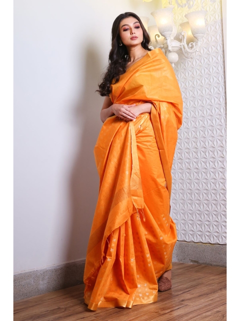 

Charukriti Orange & Gold-Toned Woven Design Zari Silk Blend Saree