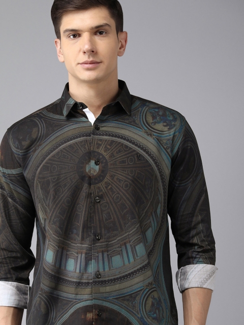 

V Dot Men Teal & Black Slim Fit Printed Casual Pure Cotton Shirt