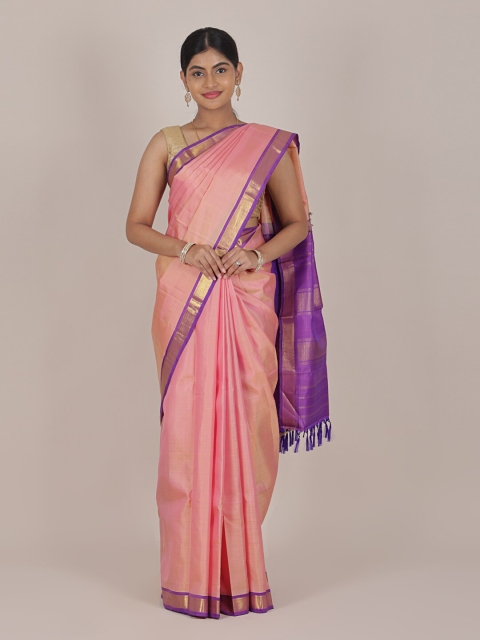 

Pothys Peach-Coloured & Purple Zari Pure Silk Kanjeevaram Saree