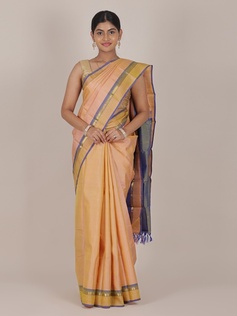 

Pothys Peach & Blue Woven Design Zari Pure Silk Kanjeevaram Saree