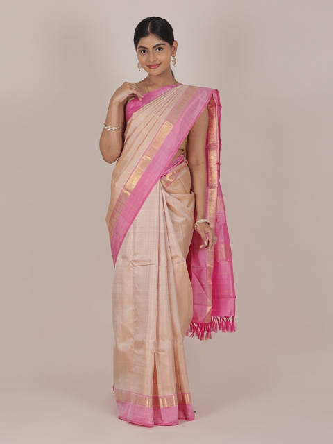 

Pothys Cream-Coloured & Pink Zari Pure Silk Saree