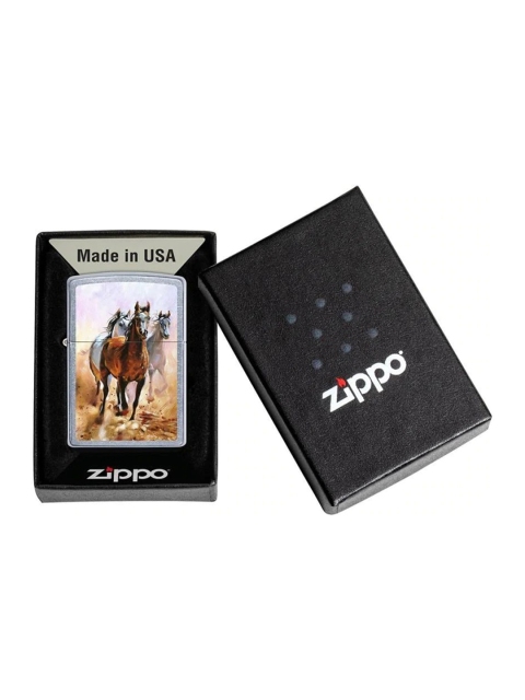 

Zippo Brown & Silver-Toned Printed Running Stallions Design Street Chrome Pocket Lighter