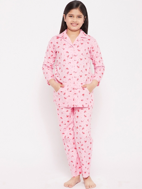 

KYDZI Girls Pink Cotton Floral Printed Night suit