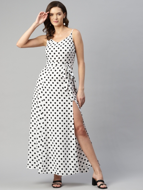 

SIRIKIT White & Black Polka Dot Print Crepe Maxi Dress with Side Slit & Waist Tie-Ups