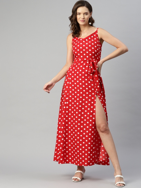 

SIRIKIT Red & White Polka Dot Print Maxi Dress with Side Slit & Waist Tie-Ups
