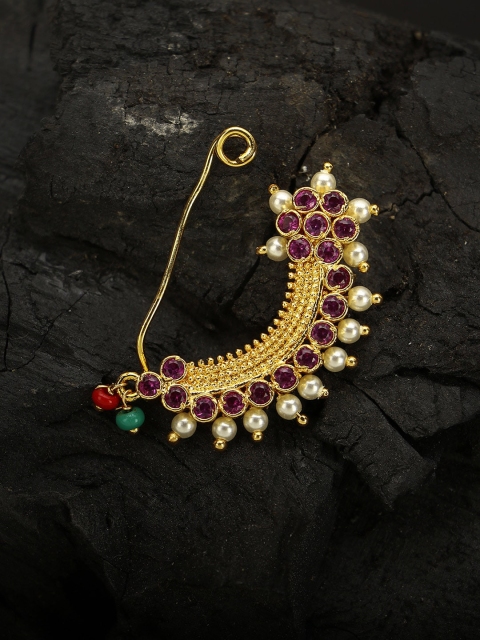 

Adwitiya Collection Gold-Plated Pink Marathi Stone Studded Pearl Beaded Nose Pin