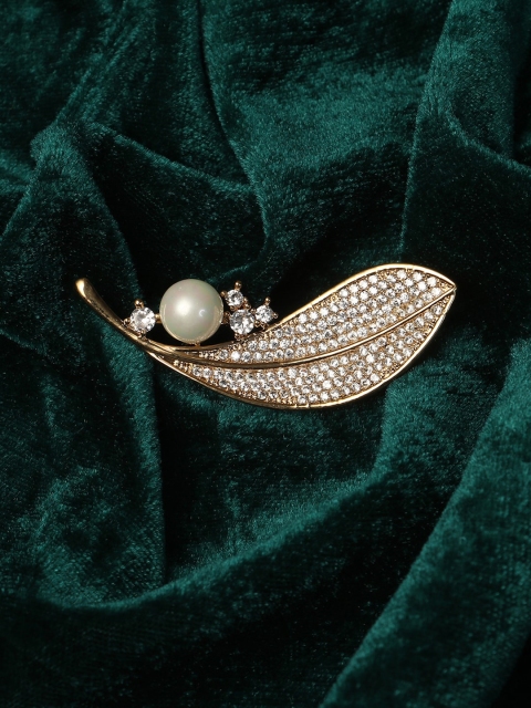 

Adwitiya Collection Women Gold-Toned White Stone-Studded Leaf Shaped Brooch