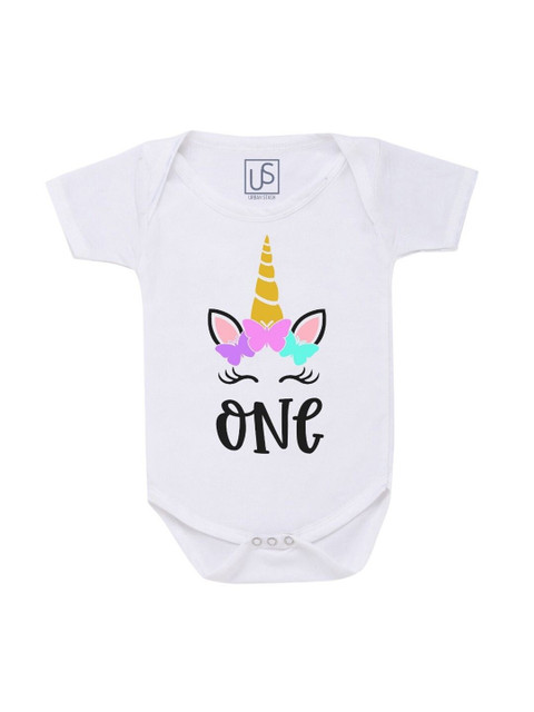 

URBAN STASH Kids White First Birthday Printed Cotton Bodysuit