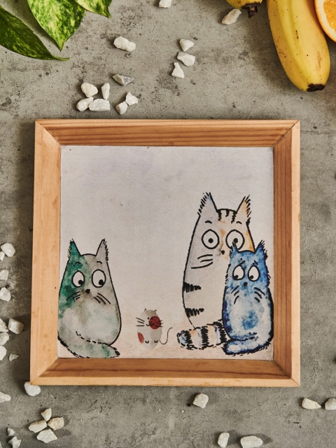 

A Tiny Mistake Brown & White Printed Happy Cats Small Square Wooden Serving Tray, Sea green
