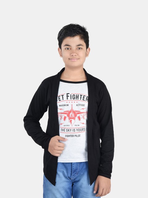

Fabshio Boys White & Black Printed Slim Fit T-shirt With Attached Shrug