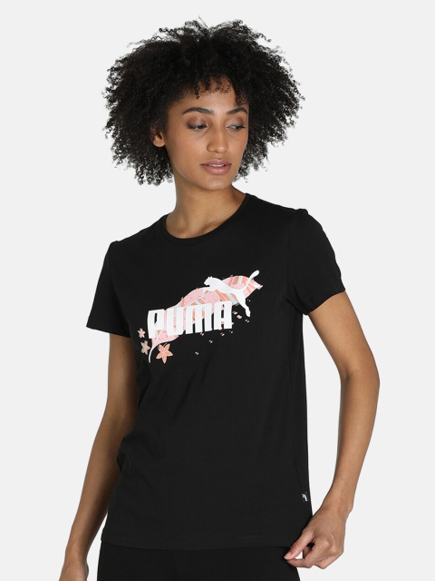 

Puma Women Black Brand Logo Printed Training or Gym Cotton T-shirt