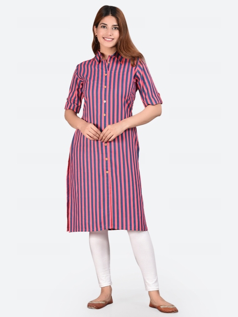 

Glorious Women Blue & Peach-Coloured Striped Kurta