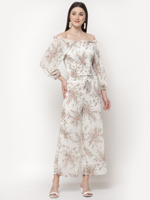 

Mafadeny Women Off White & Green Printed Top with Trousers