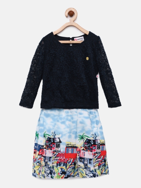 

Peppermint Girls Navy Blue Self Design Top with Skirt
