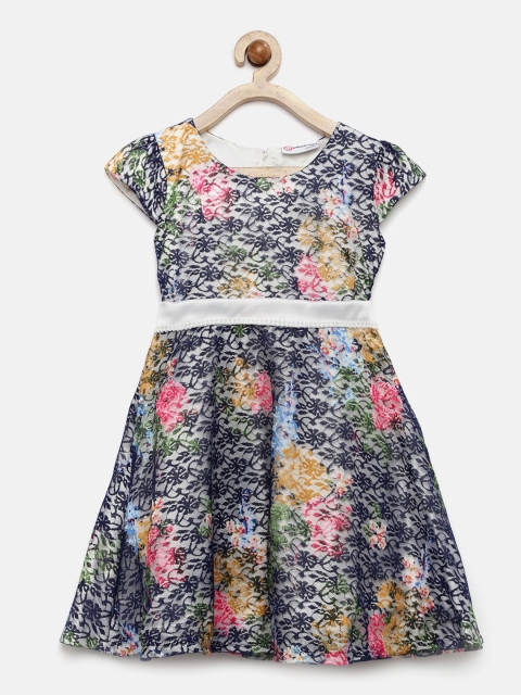 

Peppermint Girls Navy Lace Floral Print Fit & Flare Dress, Navy blue