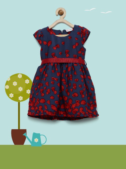 

Peppermint Girls Navy & Red Printed Fit & Flare Dress, Navy blue