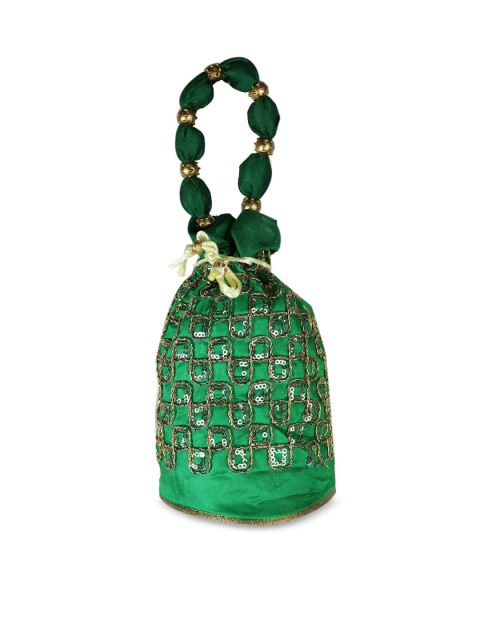 

LELYS Green Ethnic Motifs Embellished Bucket Sling Bag with Cut Work
