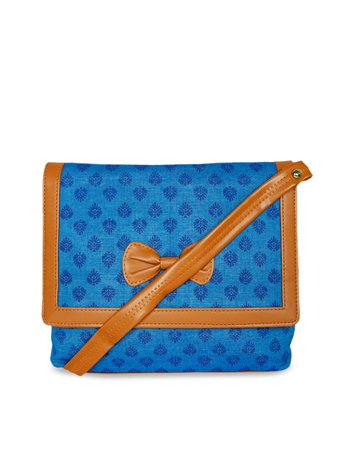 

LELYS Blue Ethnic Motifs Printed PU Structured Sling Bag with Bow Detail