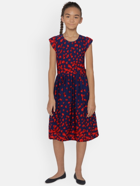 

Peppermint Girls Navy Blue & Red Printed Fit and Flare Dress