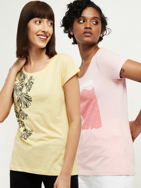 

max Women Set of 2 Printed Cotton Slim Fit Tshirts, Yellow