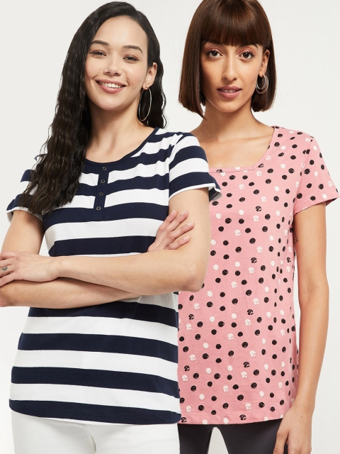 

max Women Pack of 2 Printed Regular Fit Cotton T-shirts, Navy blue