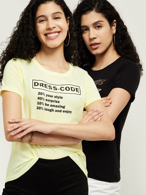 

max Women Yellow & Black Typography 2 Printed Cotton T-shirts
