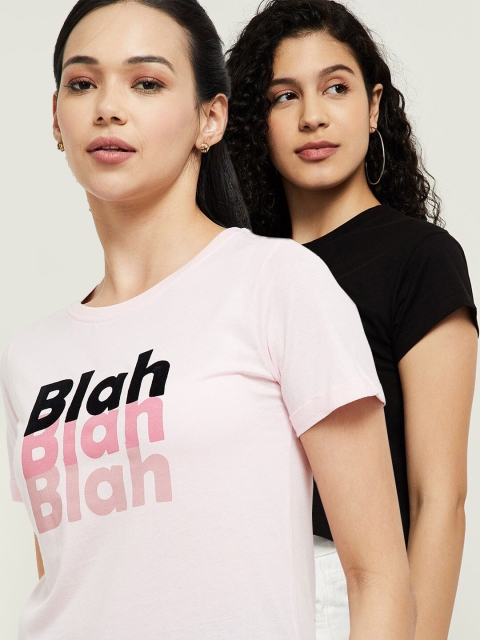 

max Women Pack Of 2 Pink & Black Typography Printed Pure Cotton T-shirt
