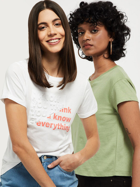 

max Women Pack of 2 Printed Pure Cotton T-shirt, White