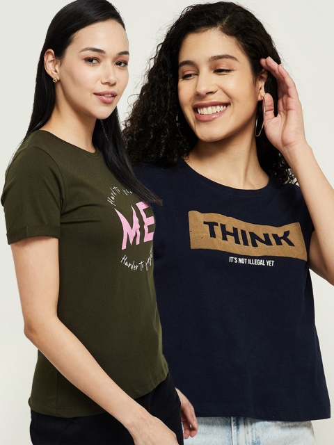 

max Women Pack of 2 Olive Green & Navy Blue Printed Cotton Round Neck T-shirt