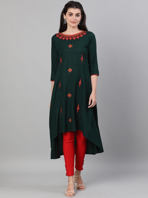 

GULMOHAR JAIPUR Women Green & Red Ethnic Motifs Embroidered Thread Work Kurta