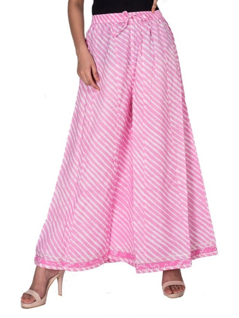 

Swasti Women Pink & White Leheriya Printed Flared Cotton Ethnic Palazzos