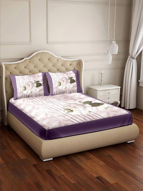 

BELLA CASA Purple & White Floral 350 TC Cotton King Bedsheet with 2 Pillow Covers