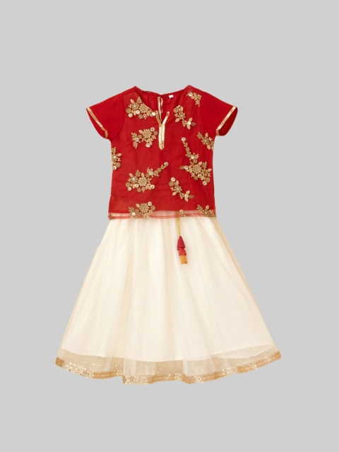 

The Magic Wand Girls Red & Cream-Coloured Embellished Ready to Wear Lehenga