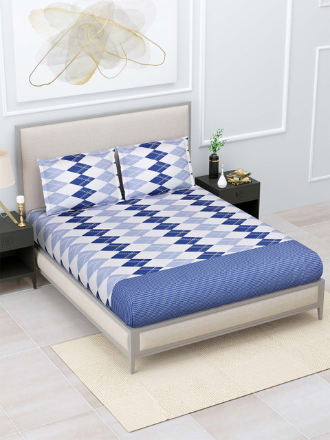 

Home Fresh Blue & White Geometric 120 TC King Bedsheet with 2 Pillow Covers