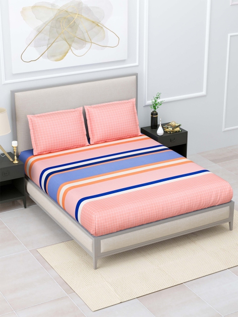 

Home Fresh Peach-Coloured & Blue Striped 120 TC King Bedsheet with 2 Pillow Covers